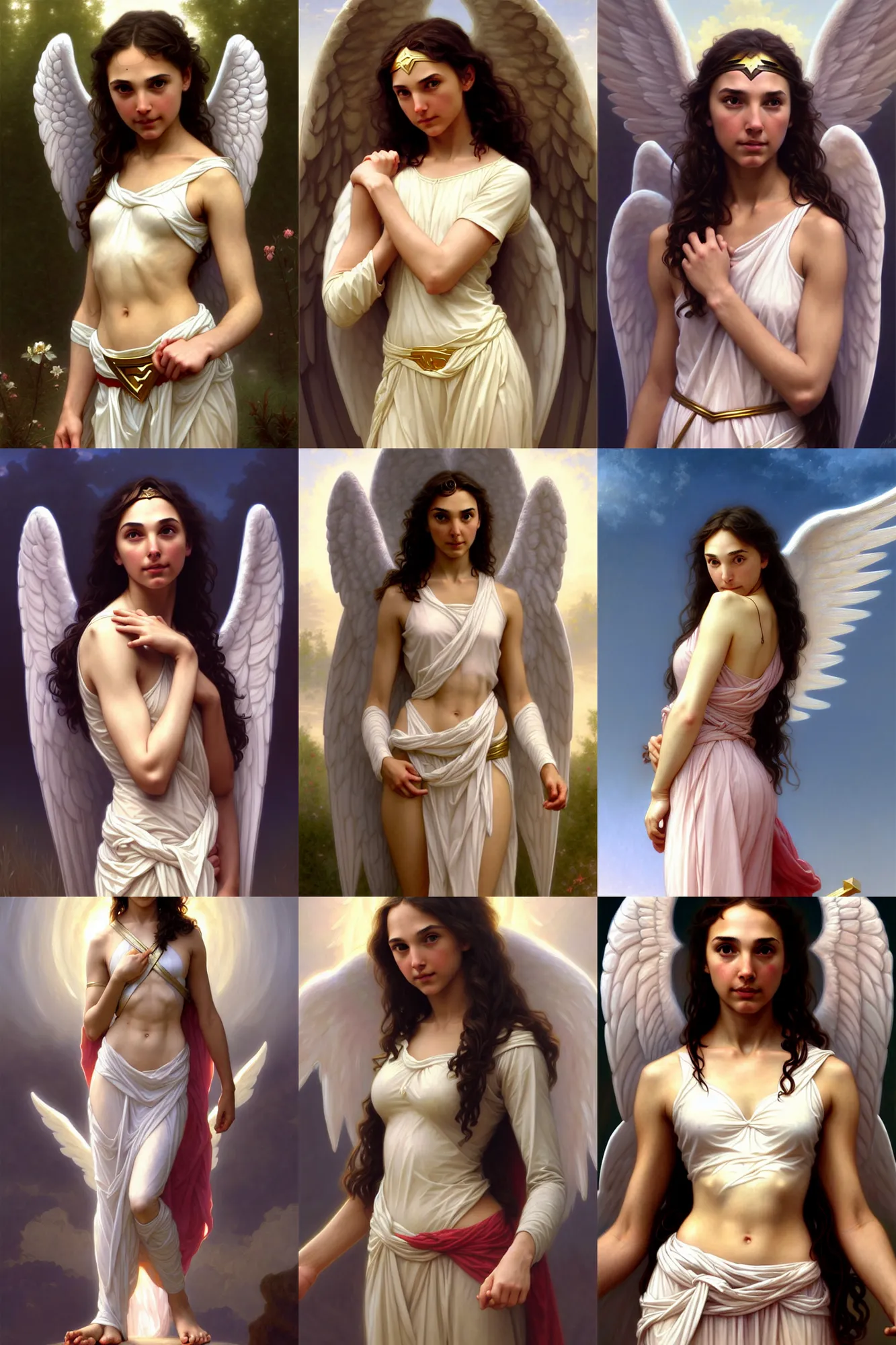 Prompt: depiction barefoot teen gal gadot girl as an angel, illustration by mandy jurgens and william adolphe bouguereau, artgerm, 4 k, digital art, surreal, highly detailed, artstation, digital painting, concept art, smooth, sharp focus, illustration by mandy jurgens and william adolphe bouguereau