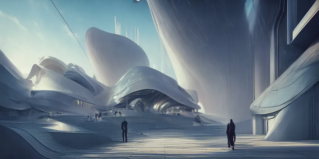 Image similar to heaven, by tim blandin and arthur haas and bruce pennington and john schoenherr, big windows architecture by zaha hadid, octane render, warm colour scheme, white, cinematic, scenery, cgsociety, modernism, futuristic, trending on artstation, sci - fi, high detail, high quality, close up angle, people walking