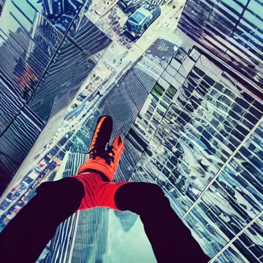 Prompt: a selfie taken mid air, while falling to the ground from a skyscraper