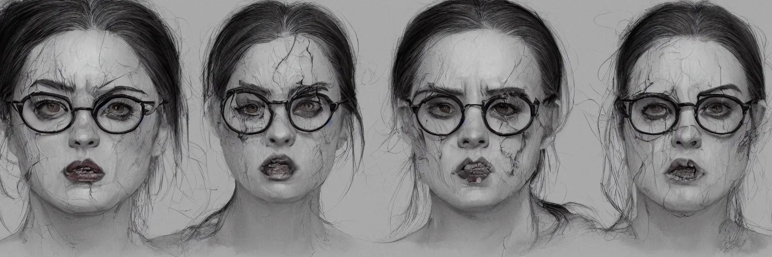 Prompt: ugly female character study of mike patton and adolf hitter, evil woman, glasses, clear faces, emotional, character sheet, fine details, concept design, contrast, kim jung gi, francis bacon and jenny saville, trending on artstation, 8 k, full body and head, turnaround, front view, back view, ultra wide angle