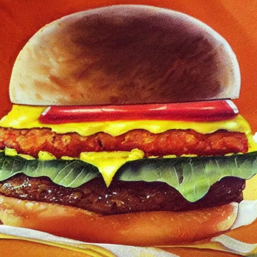 Prompt: a huge burger in the style of thomas kinkade