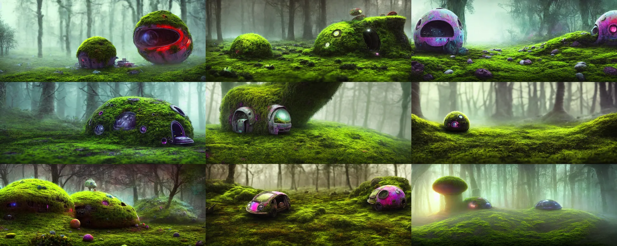 Prompt: intricately detailed soft focus colorful illustration of a cute crashed alien spaceship covered in moss, foggy dystopian world, micro detail, 4 k, unreal engine, morning, cinematic, cinematic lighting