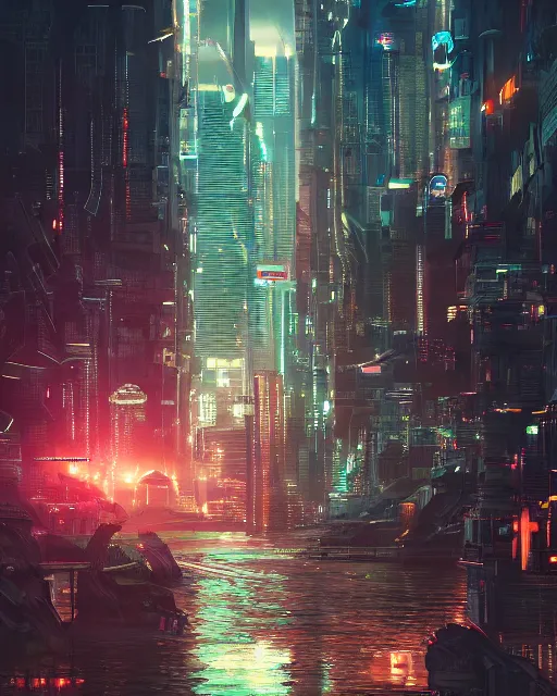 Image similar to cyberpunk city on a floating island at night by wlop, key visual, high detail, digital art