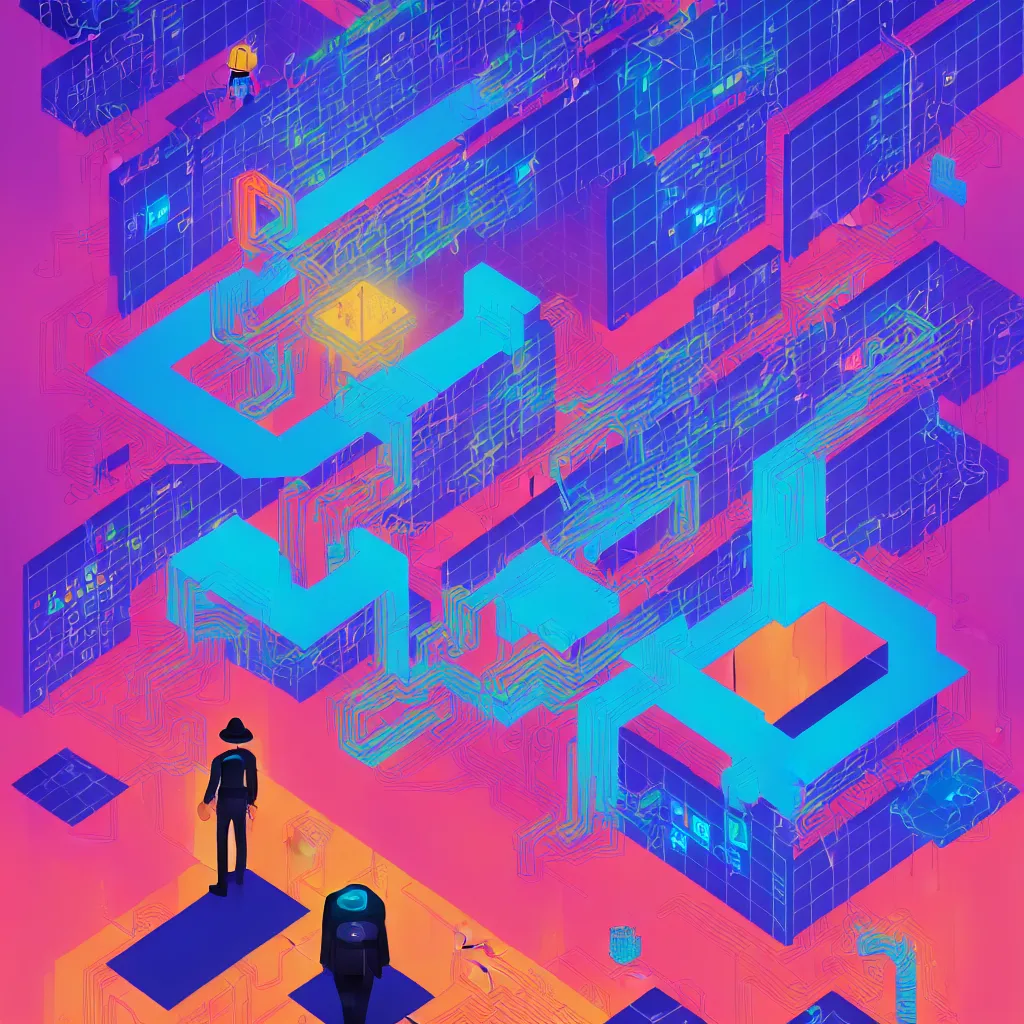 Image similar to illustration of a data-center architecture or schema, security agent with black hat, datastream or river, painting by Jules Julien, Leslie David and Lisa Frank and Peter Mohrbacher and Alena Aenami and Dave LaChapelle muted colors with minimalism