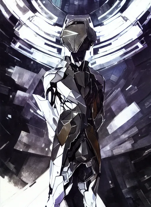 Image similar to Full body portrait of a god of cosmos and intellect, a man in a suit wearing a shattered mirror helmet. In style of Yoji Shinkawa and Hyung-tae Kim, trending on ArtStation, dark fantasy, great composition, concept art, highly detailed, dynamic pose.