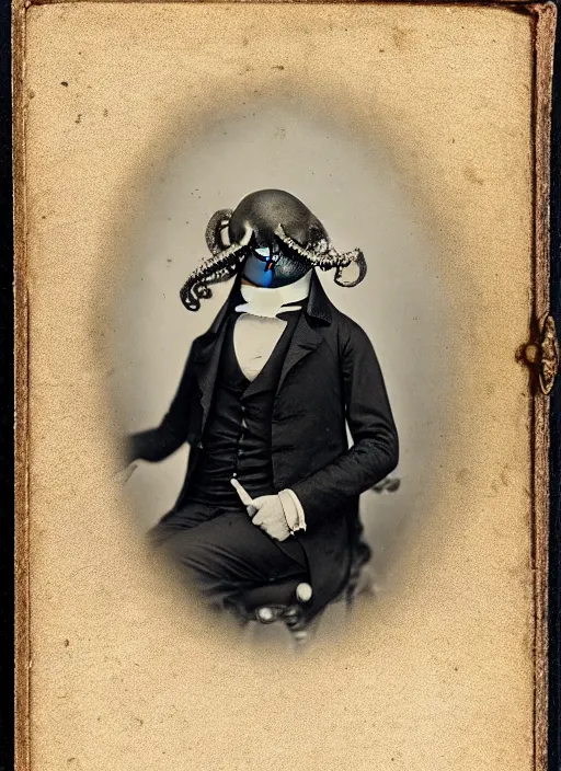 Prompt: Daguerreotype of an octopus!!!! wearing a suit!!!!, classical portrait, 1849