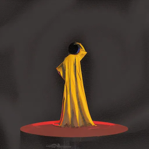 Image similar to award - winning. trending on artstation. 4 k. eerie tone. a figure wearing layered yellow robes standing in front of a black hole in space. dark background. in the style of cedric peyravernay. full - body