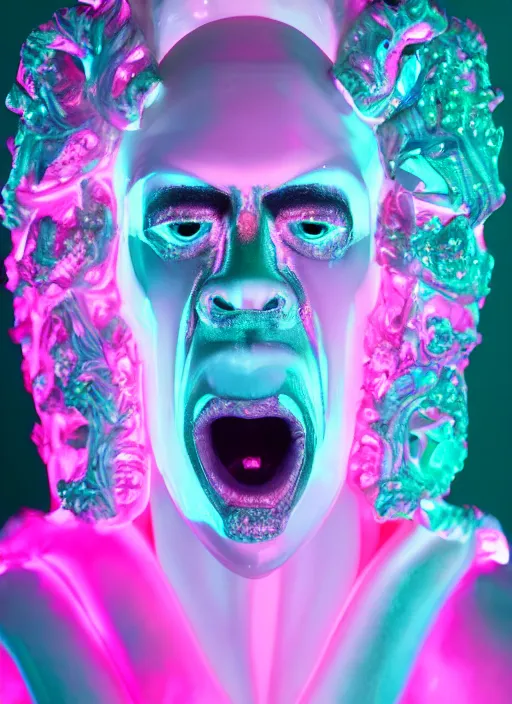 Image similar to photo of baroque and bladerunner delicate neon diamond sculpture of ceramic seductive albino prince xavier serrano delicious tongue sticking out, creamy pink iridescent humanoid deity wearing red furry hoody holding diamond skull in a green metallic dungeon, reclining, glowing rainbow face, crown of white diamonds, cinematic lighting, photorealistic, octane render 8 k depth of field 3 d