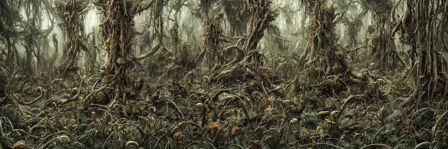 Prompt: dense haunted forest on an exotic alien planet, jungle of antler trees, insectile plants, gnarled stumps and thorny weeds forming demonic animal skull images, by ian miller, rodney matthews and artstation, hyperdetailed, photorealistic render