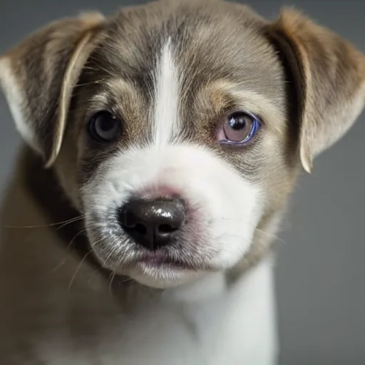 Image similar to a very cute puppy smiling. close-up. white ground. dark background. blach and white. single light source. 14mm lens. iso 100. diaphragm 1.4. shutter speed 1/350. oil on canvas. W-1024