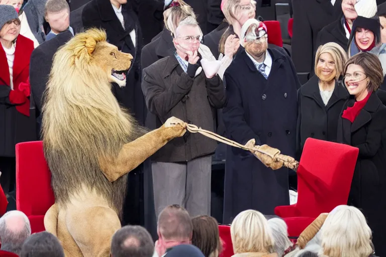 Image similar to photo of the usa presidential inauguration, a lion fursuiter being inaugurated as president