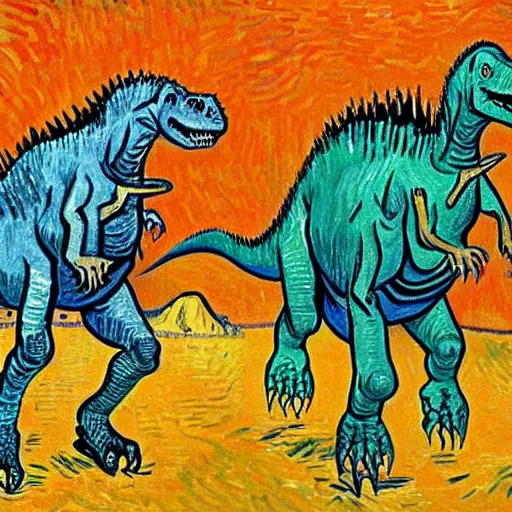 Prompt: dinosaurs tribe painted by van gogh