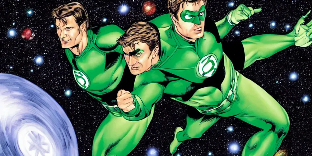 Image similar to Nathan Fillion as Green Lantern Hal Jordan flying through outer space, detailed