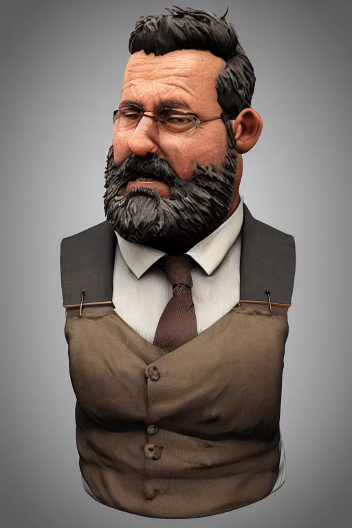 Image similar to palette knife oil painting of professor clay, middle - aged, thickset, barrel chest, voluminous, salt - and - pepper beard. eyes smolder like embers. dress shirt and suspenders, sleeves rolled, tie loosened. extreme detail. artstation trending, artgerm, deviant art, octane, substance, art history 8 k