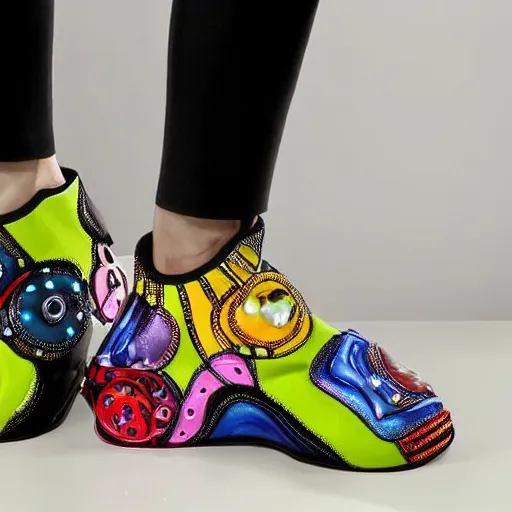 Prompt: balenciaga sneakers, biomorphic, robot, colorful, highly detailed, hyper realistic,