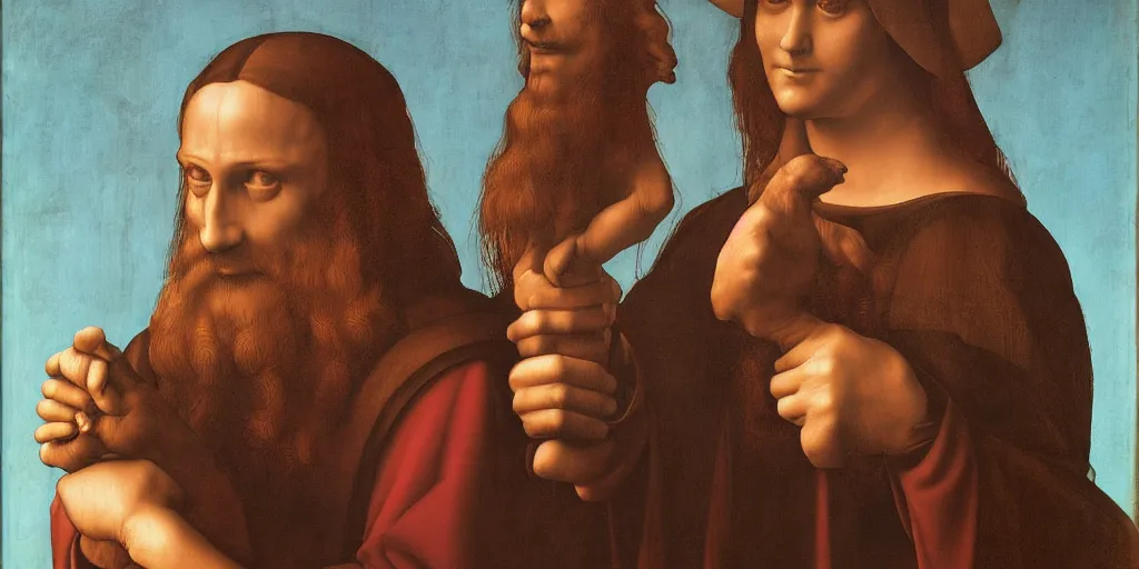 Prompt: portrait of leonardo da vinci holding a hand puppet. by Alex Ross.