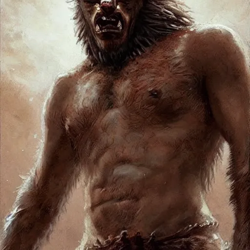 Image similar to Portrait of a rugged werewolf, male, muscular, detailed face, bare thighs!!!, tribal clothing!!!!!, fantasy, medieval, highly detailed, cinematic lighting, digital art painting by greg rutkowski