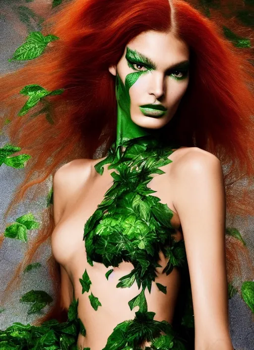 Image similar to A beautiful portrait of Ophelie Guillermand as Poison Ivy from Batman as a Versace fashion model Spring/Summer 2012, highly detailed, in the style of cinematic, Getty images, Milan fashion week backstage, Makeup by Pat McGrath, Greg rutkowski