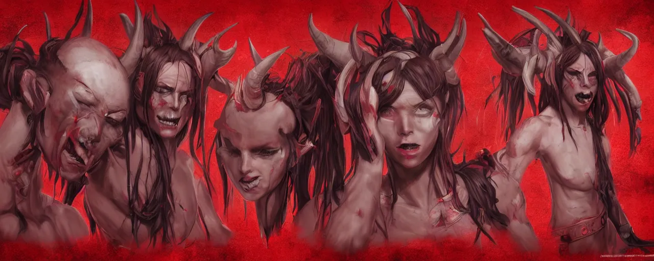 Image similar to character design, reference sheet, Young teenage demon cast out from hell, Two horns on side of head, mohawk, red skin, concept art, photorealistic, hyperdetailed, 3d rendering! , art by Marc Brunet and Gainax],