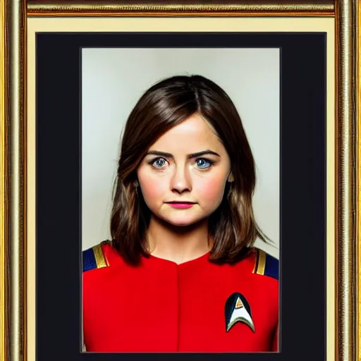 Image similar to a beautiful full body photograph of younger jenna coleman as a star fleet science officer from star trek next generation, full dress uniform, symmetrical face, extreme realism and detail, 8 k, completely framed, direct lighting, 3 5 mm photo, photorealistic, sharp focus