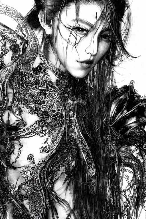 Image similar to portrait of dichen lachman , pen and ink, intricate line drawings, by Yoshitaka Amano, Ruan Jia, Kentaro Miura, Artgerm