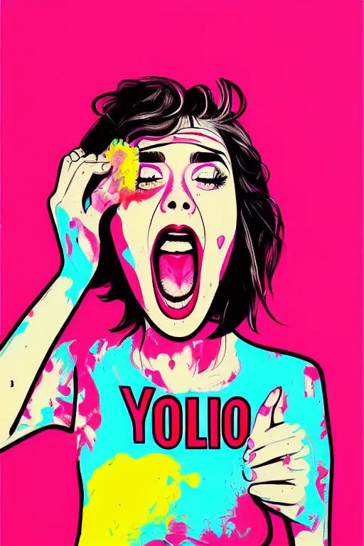 Image similar to girl screamin yolo - aesthetic, smooth painting, remove, 9 seeds have ultra detailed, 4 k, illustration, comical, acrylic paint style, pencil style, torn cosmo magazine style, pop art style, ultrarealism, by mike swiderek, jorge lacera, ben lo, tyler west