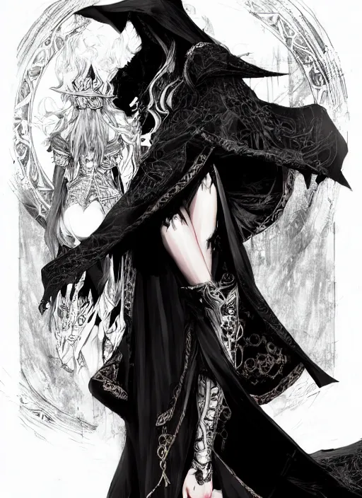 Image similar to beautiful human witch with blonde long straight hair in intricate ornate witch robe, haughty evil look, witch hat. in style of yoji shinkawa and hyung - tae kim, trending on artstation, dark fantasy, great composition, concept art, highly detailed, dynamic pose.