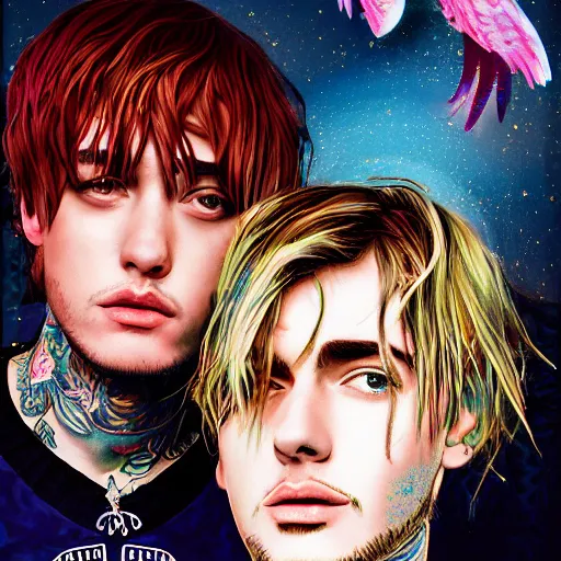 Image similar to Lil Peep and Juice Wrld as angels in heaven, digital art, artstation, hyperrealistic, detalied, high quality,8K,