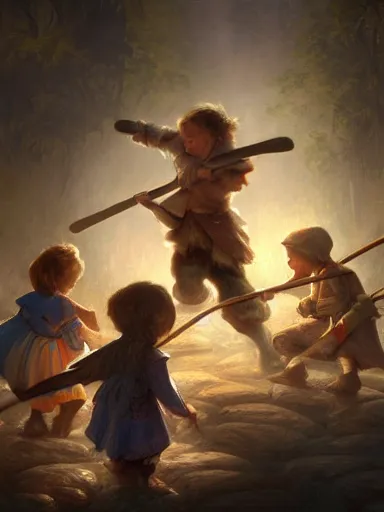 Prompt: a bunch of kids friendly fighting among thenselves with sticks. intricate, elegant, highly detailed, digital painting, artstation, concept art, sharp focus, illustration, by justin gerard and artgerm, 8 k