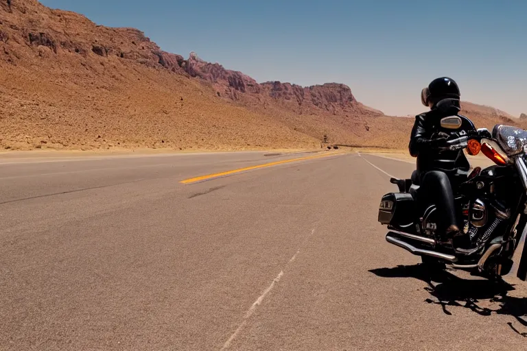 Image similar to riding a harley davidson on a desert road, cinematic