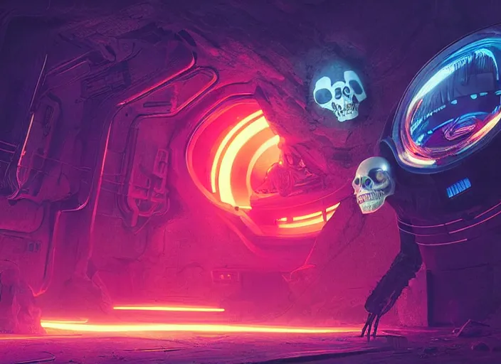Prompt: a futuristic skull with glowing eyes and a wormhole tunnel, cyberpunk art by greg rutkowski, behance contest winner, computer art, darksynth, synthwave, rendered in cinema 4 d