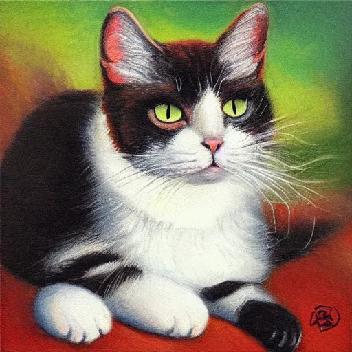 Image similar to “a cat by bee oil panting”