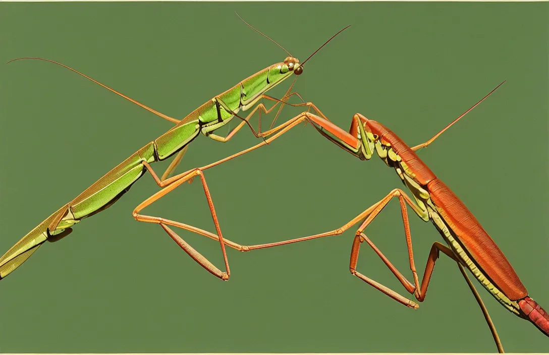 Image similar to implied lines, 4 k criterion collection remastered cinematography a praying mantis eating a dragonfly, photo realistic postprocessing interpolated by syd mead, claude gellee painting by james audubon