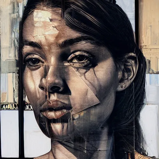 Image similar to by sandra chevrier chestnut, slate grey hyperdetailed. a installation art of a beautiful young woman seated at a window, looking out at the viewer with a serene expression on her face. the light from the window illuminates her features & creates a warm, inviting atmosphere. the essence of beauty & tranquility.