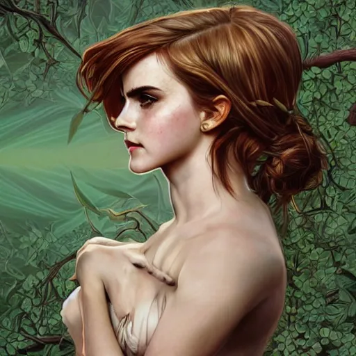 Prompt: Emma Watson Poison Ivy, cute, fantasy, intricate, elegant, highly detailed, digital painting, 4k, HDR, concept art, smooth, sharp focus, illustration, art by artgerm and H R Giger and alphonse mucha