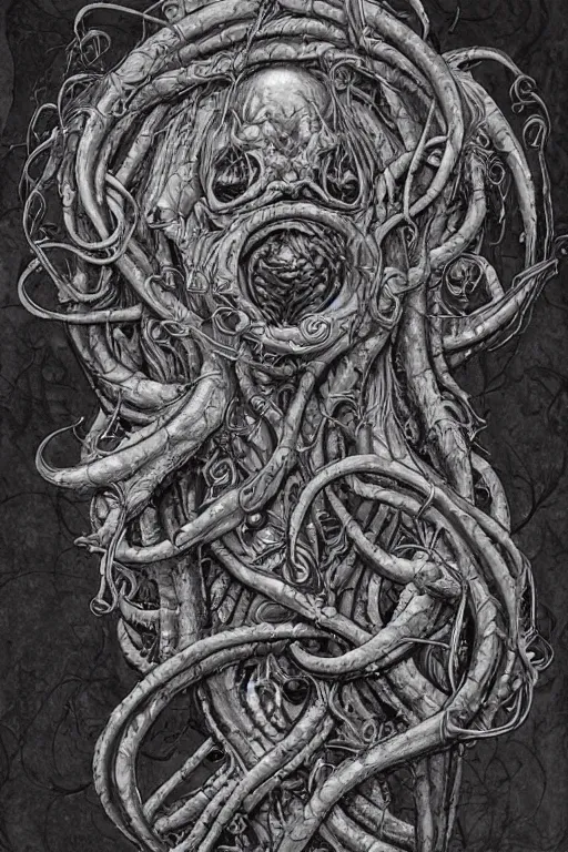 Image similar to centered horrifying detailed side view profile portrait of a insane, crazed, mad old bald zombie, cthulhu, eldritch abomination, dunwitch horror, ornate tentacles growing around, ornamentation, thorns, vines, tentacles, elegant, beautifully soft lit, full frame, 8 k by wayne barlowe, peter mohrbacher, kelly mckernan, h r giger