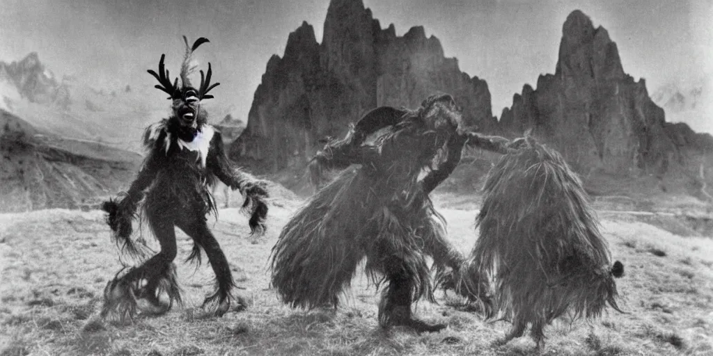 Image similar to krampus with big beak dancing in dolomites, hay fur, austrian folklore, 1920s photography, grainy, eerie, dark