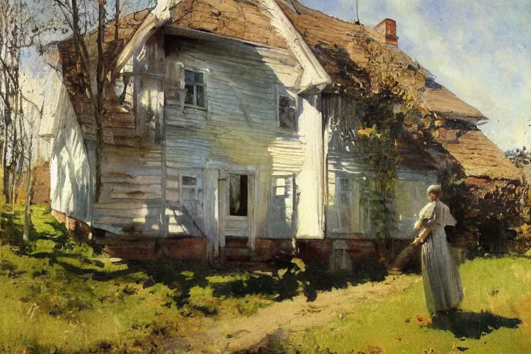 Prompt: old house with clothing line, sunny, dappled light, anders zorn