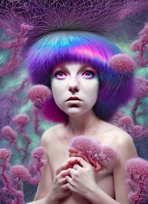 Image similar to hyper detailed 3d render like a Oil painting - kawaii portrait Aurora (white haired Singer Ferret) seen Eating of the Strangling network of yellowcake aerochrome and milky Fruit and Her delicate Hands hold of gossamer polyp blossoms bring iridescent fungal flowers whose spores black the foolish stars by Jacek Yerka, Mariusz Lewandowski, Houdini algorithmic generative render, Abstract brush strokes, Masterpiece, Edward Hopper and James Gilleard, Zdzislaw Beksinski, Mark Ryden, Wolfgang Lettl, hints of Yayoi Kasuma, octane render, 8k