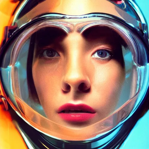 Prompt: beautiful extreme closeup portrait photo in style of 1990s frontiers in retrofuturism deep diving helmet seinen manta magazine wachowski edition, highly detailed, eye contact, soft lighting