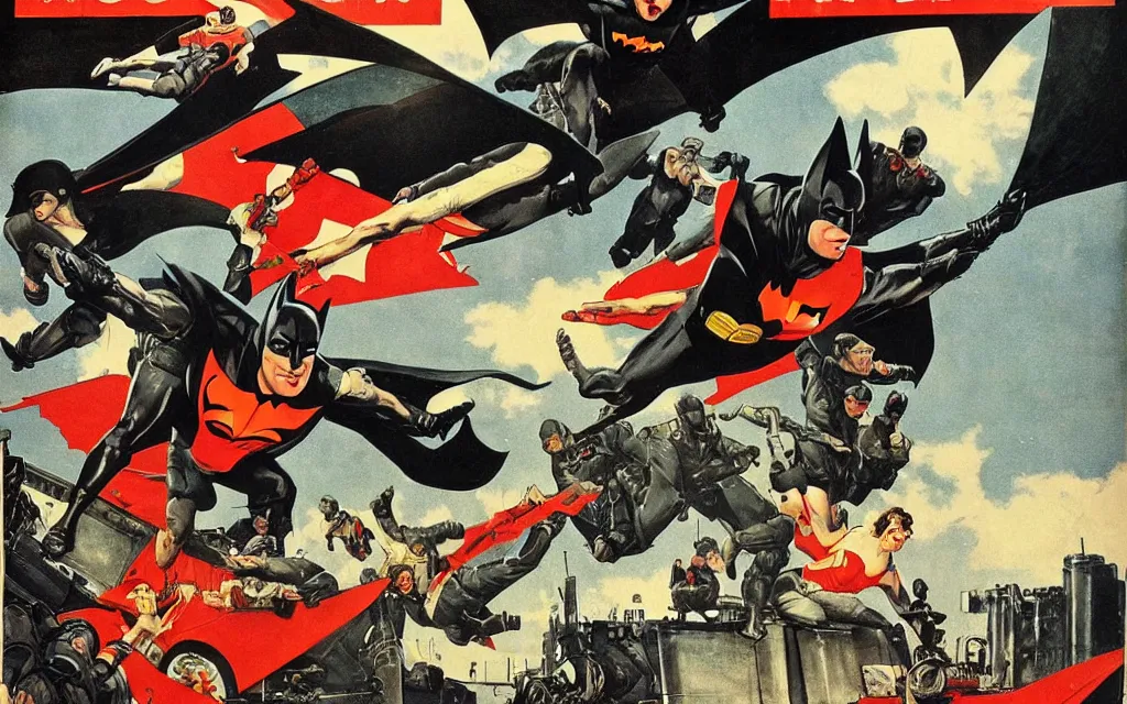 Prompt: batman's airplane, in the style of norman rockwell, cold war, propaganda poster, sci - fi illustrations, highly detailed, award - winning, patriotic, soviet, ussr, dark, gritty, ink