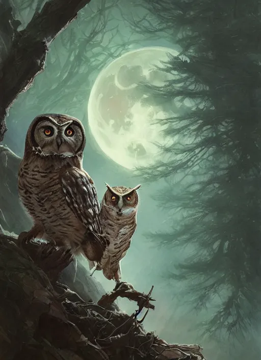 Image similar to Portrait of an Owl eating a rabbit, Dramatic clouds, Woods, Trees, Moon light, marvel comics, dark, intricate, highly detailed, smooth, artstation, digital illustration by Ruan Jia and Mandy Jurgens and Artgerm and Wayne Barlowe and Greg Rutkowski and Frank Frazetta