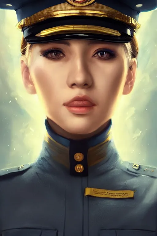 Prompt: beautiful portrait of a female officer wearing a fancy naval uniform, art by wlop and artgerm, science fiction, detailed eyes, blonde hair, space background, trending on artstation, sharp focus, illustration, caustics, octane render, 4 k, radiant light