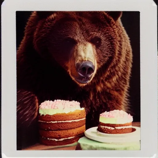 Image similar to polaroid photo of a bear eating cake