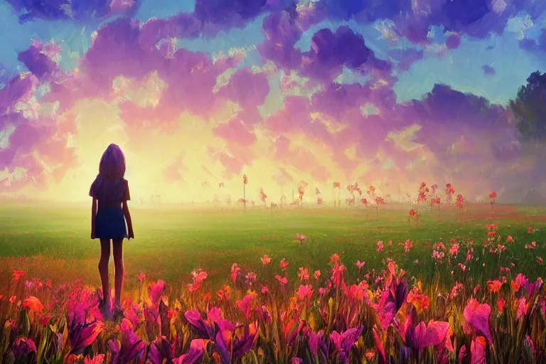 Image similar to giant gladiola head, girl walking in field of flowers, surreal photography, sunrise, blue sky, dramatic light, impressionist painting, digital painting, artstation, simon stalenhag