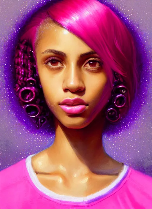 Image similar to portrait of teenage vanessa morgan with bright pink hair, black girl, curly pixie cut hair, wearing a purple breton cap, breton cap, hoop earrings, intricate, elegant, glowing lights, highly detailed, digital painting, artstation, concept art, smooth, sharp focus, illustration, art by wlop, mars ravelo and greg rutkowski