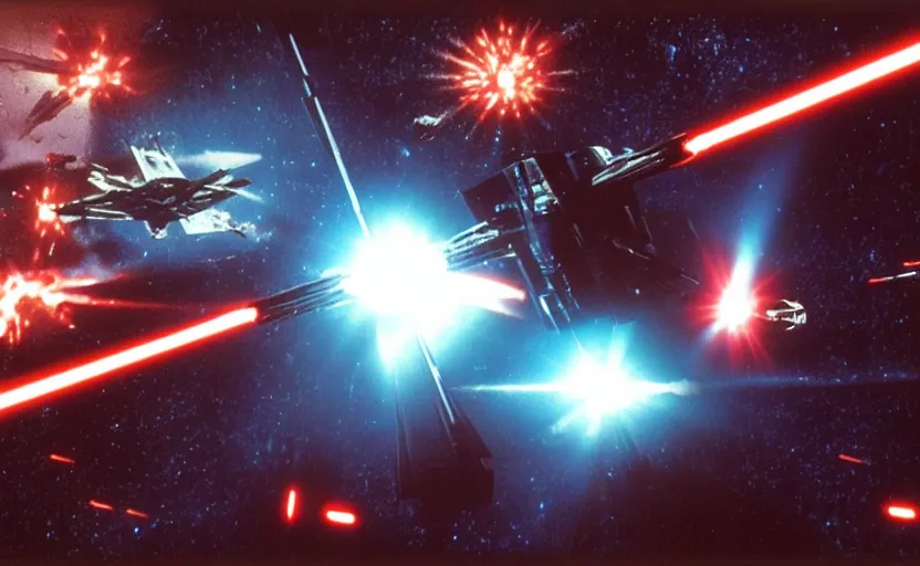 Image similar to iconic cinematic screen shot of scene x wing space battle against new tie fighter desing, from the action packed scene from the 1 9 7 0 s star wars sci fi film by stanley kubrick, glowing lasers, kodak film stock, anamorphic lenses 2 4 mm, lens flare, iconic cinematography, award winning