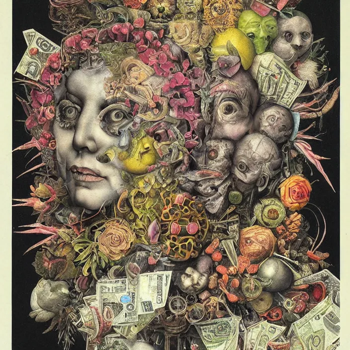 Image similar to new age album cover, asymmetrical design, dollar bank notes, capitalism, magic, psychedelic, black white pink, highly detailed, magic, giger h. r., giuseppe arcimboldo