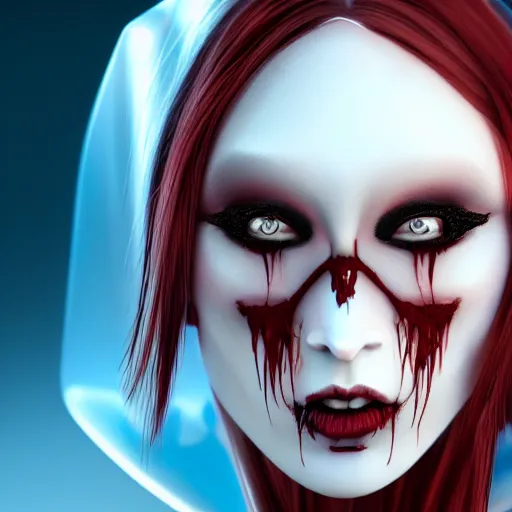 Image similar to a female vampire that looks like a futuristic nosfaratu, milky white skin, blood around the lips, delectable, edible, crusty around the eyes, found on artstation, eyes look dead, highly detailed, 8k,