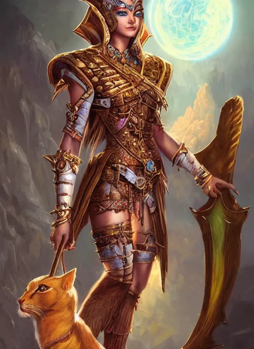 Image similar to bastet, ultra detailed fantasy, dndbeyond, bright, colourful, realistic, dnd character portrait, full body, pathfinder, pinterest, art by ralph horsley, dnd, rpg, lotr game design fanart by concept art, behance hd, artstation, deviantart, hdr render in unreal engine 5